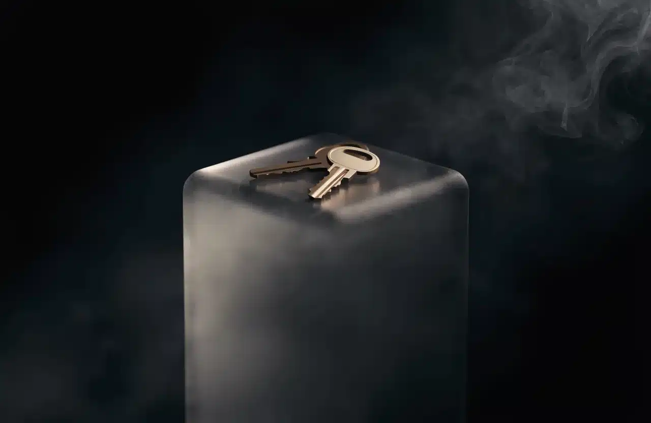 Rendu 3D sombre : trousseau de clés dorées posé sur un socle de verre, une clé légèrement à l’écart.