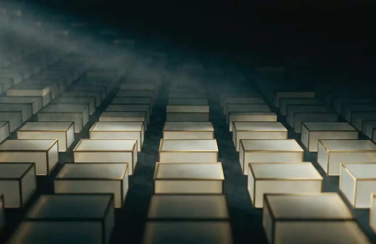 Rendu 3D sombre : grille ordonnée de cubes de verre aux arêtes dorées, quelques cubes surlevés au-dessus des autres.