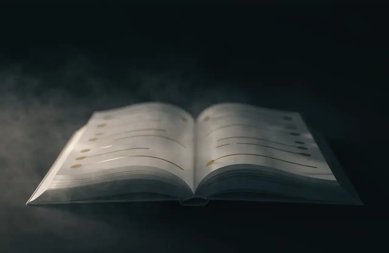 Rendu 3D sombre : livre ouvert aux pages de verre, annotations et soulignements dorés tracés dessus.