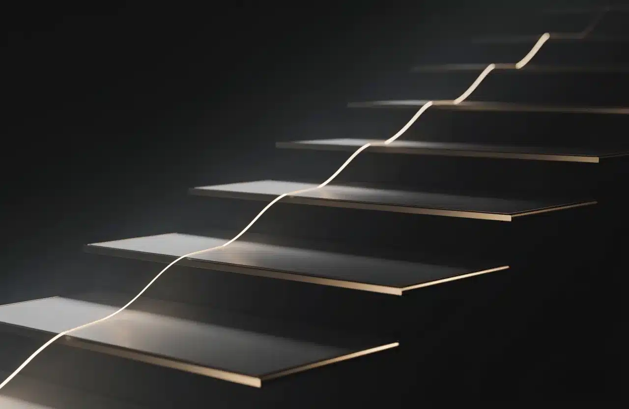 Rendu 3D sombre : dalles de verre en escalier ascendant, arêtes dorées et filet de lumière gravissant les marches.
