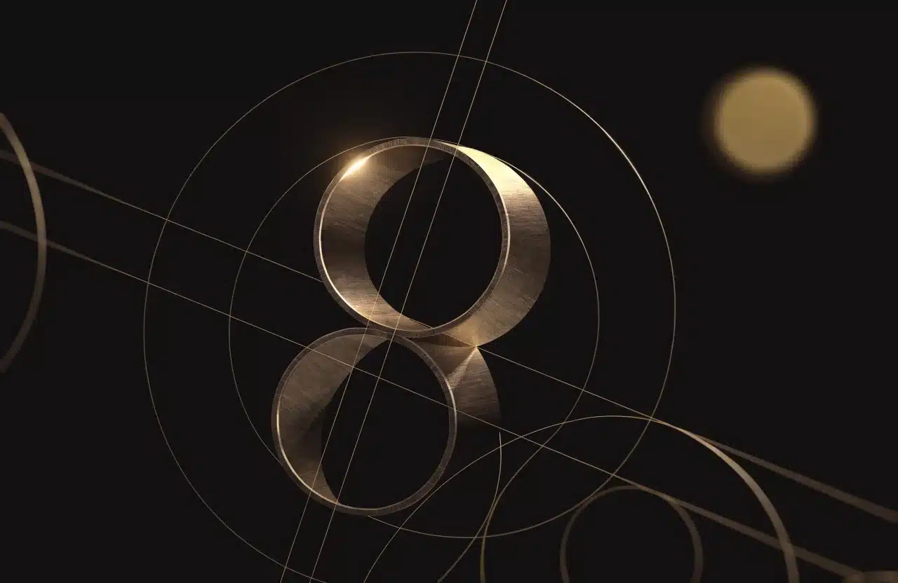 Rendu 3D sombre : cercles et lignes de construction géométriques autour d’une forme sculptée, arêtes dorées.