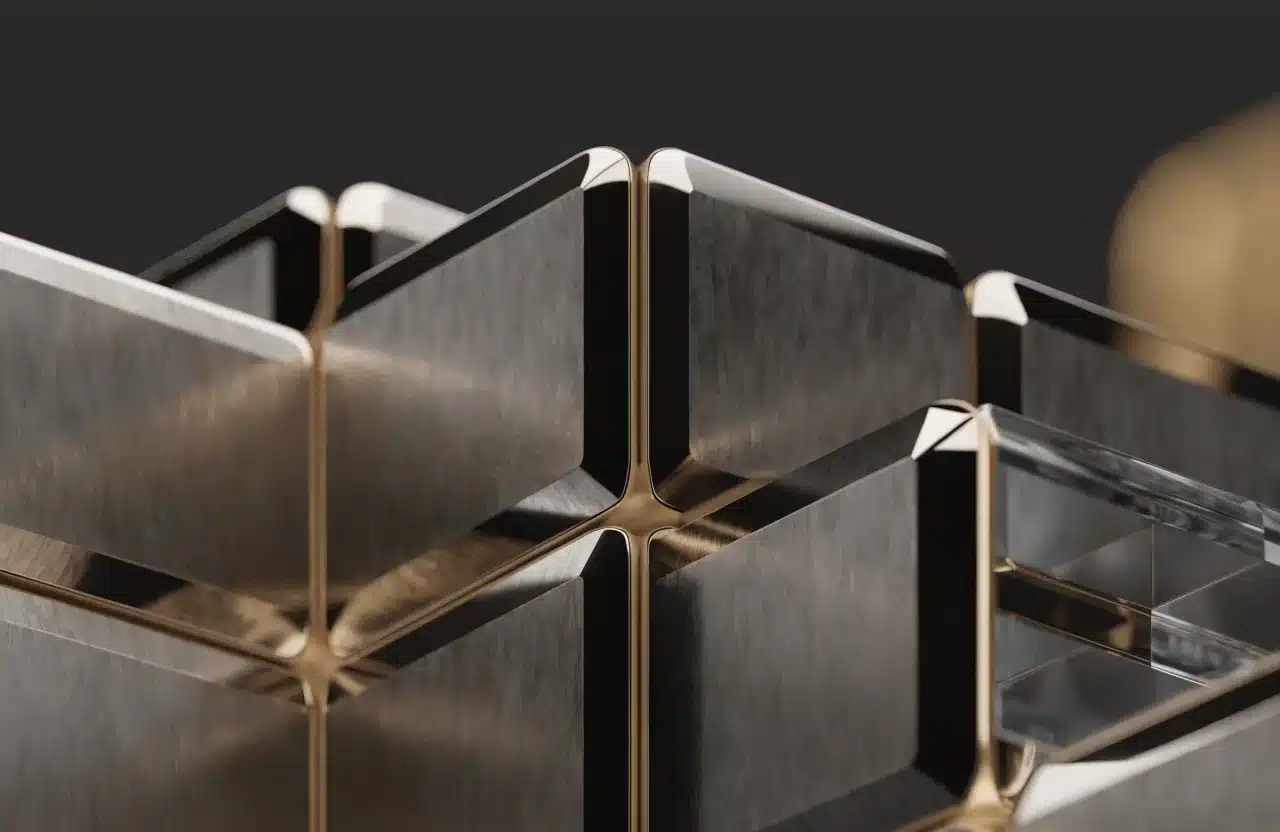 Rendu 3D sombre : blocs modulaires imbriqués formant un noyau stable, joints dorés entre les modules.