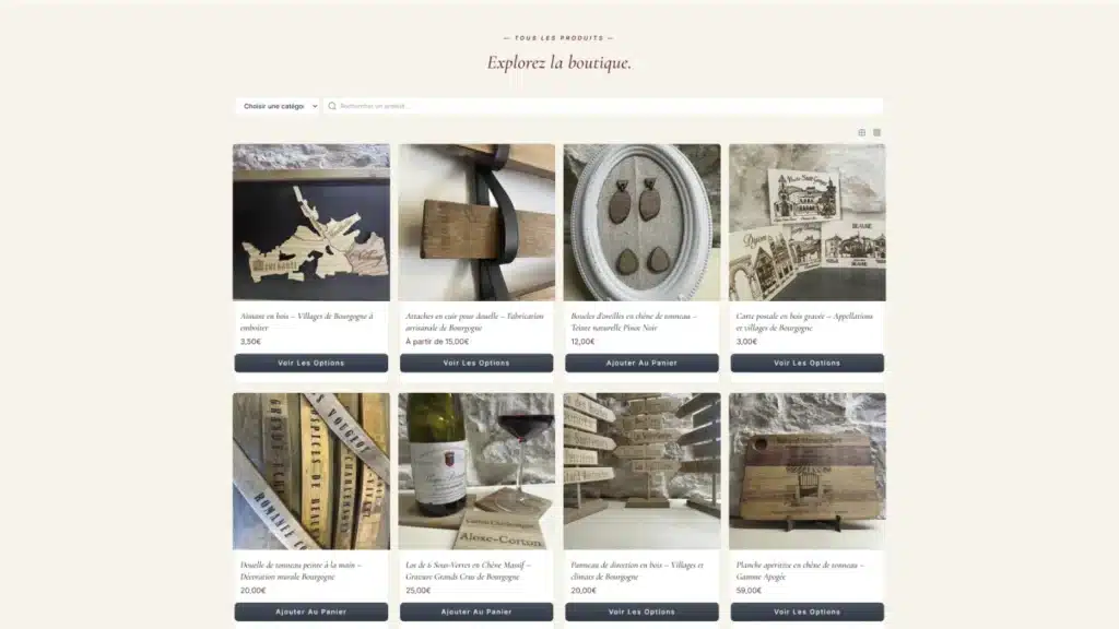 Boutique en ligne FluentCart du Menuisier de la Cave, avec ses catégories de produits.
