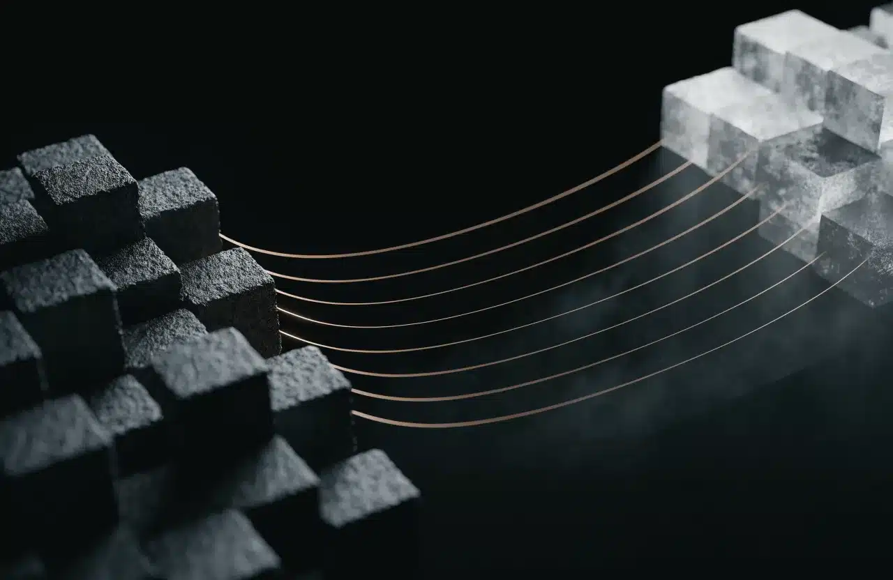 Rendu 3D sombre : chemins de lumière dorée reliant un à un des blocs de pierre à des blocs de verre.