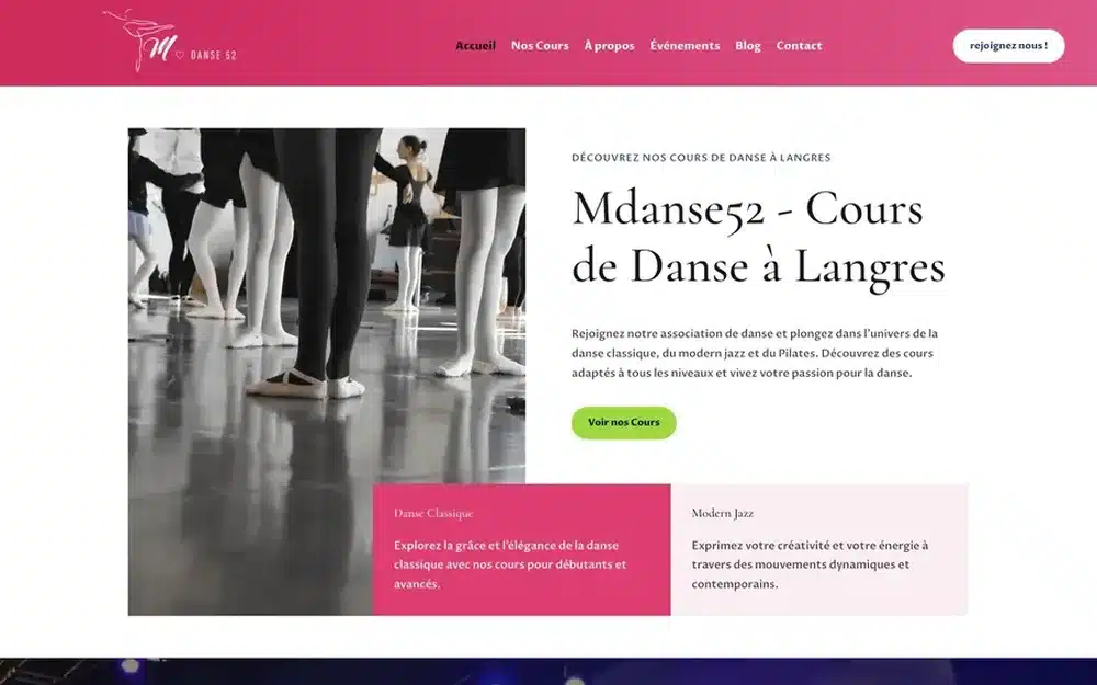 Page d’accueil du site de l’association MDanse 52 à Langres