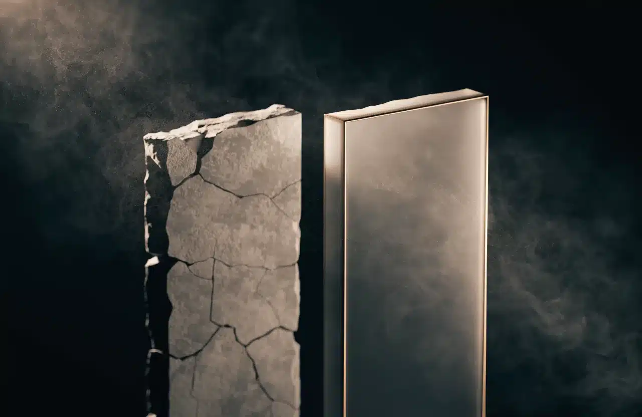 Rendu 3D sombre : deux dalles côte à côte, l’une de pierre fissurée, l’autre de verre net aux arêtes dorées.