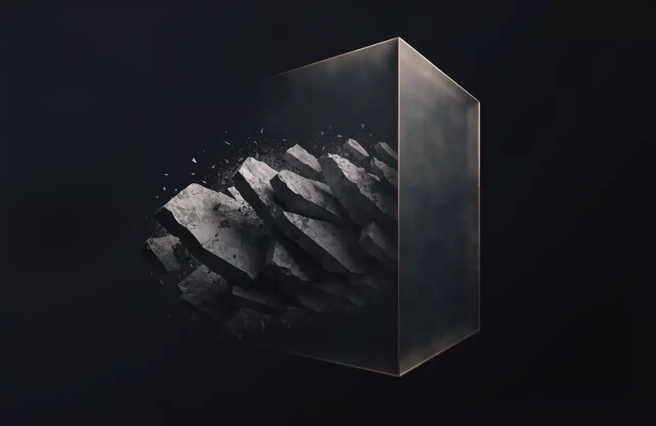 Rendu 3D sombre : fragments de pierre éclatés se recomposant en un bloc de verre net aux arêtes dorées.