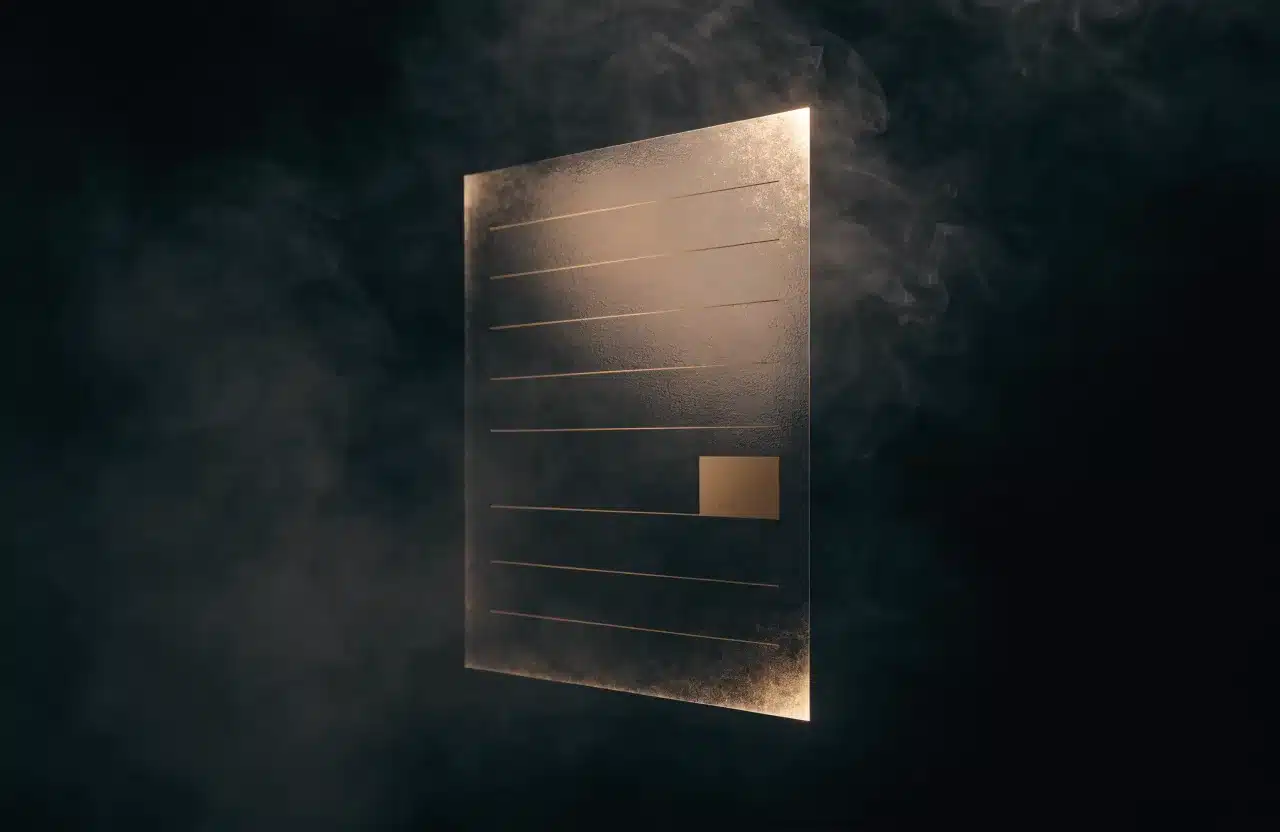 Rendu 3D sombre : feuille de verre dressée aux proportions d’une page web, rythmée de fins filets dorés.