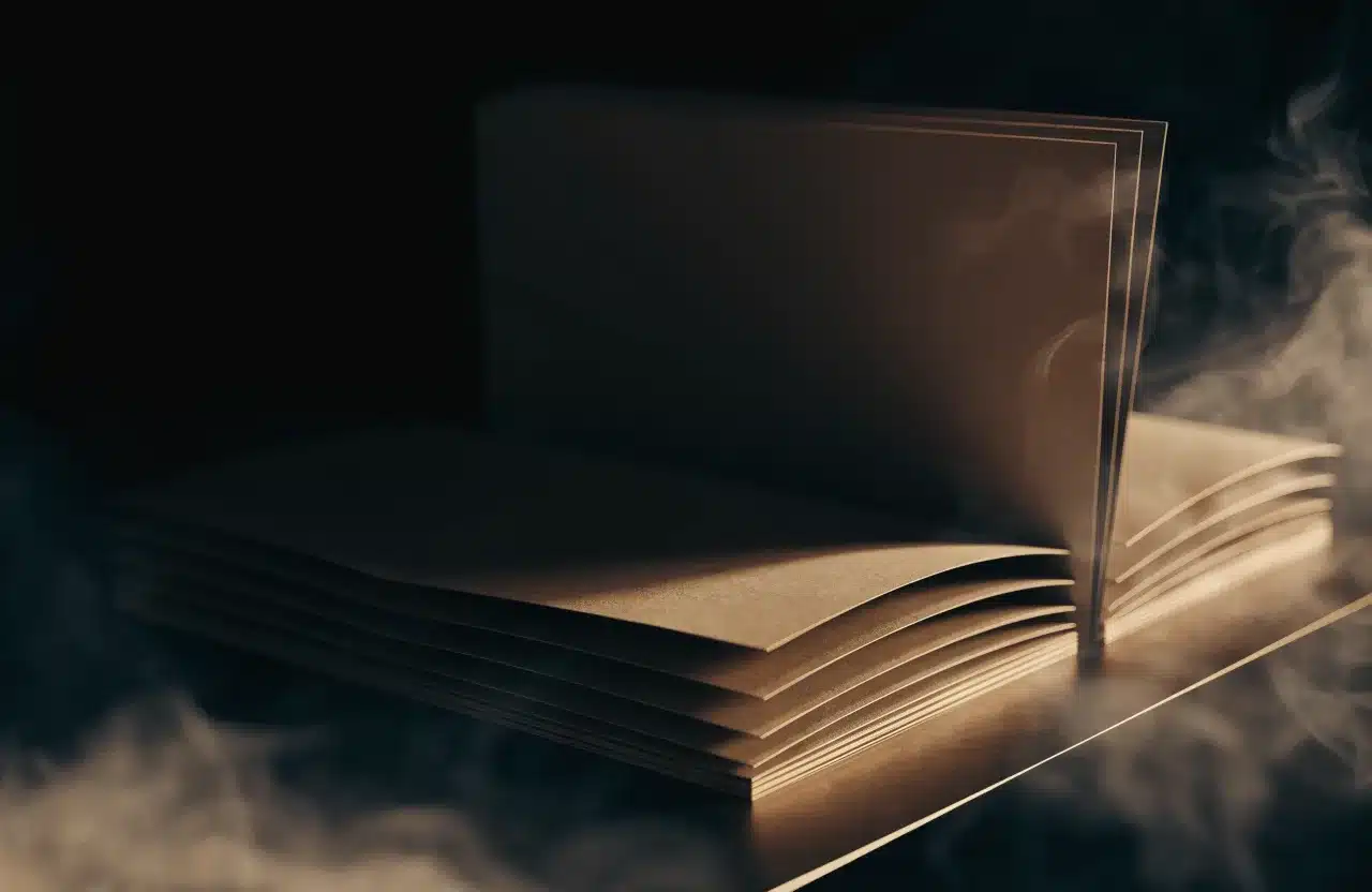 Rendu 3D sombre : pile éventée de cartes et de feuilles imprimées vierges, tranches soulignées d’un liseré doré.