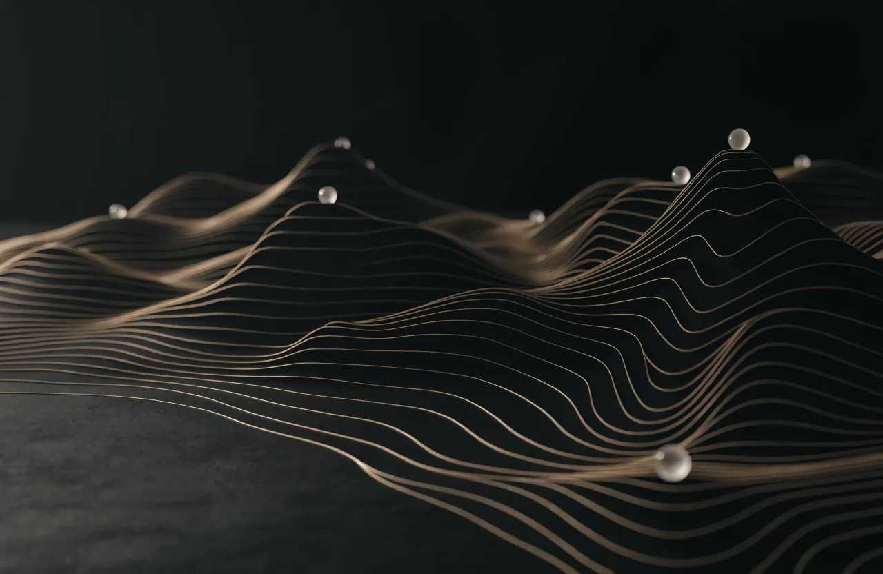 Rendu 3D sombre : courbes de niveau dorées formant un relief bas, quelques repères de verre disposés dessus.