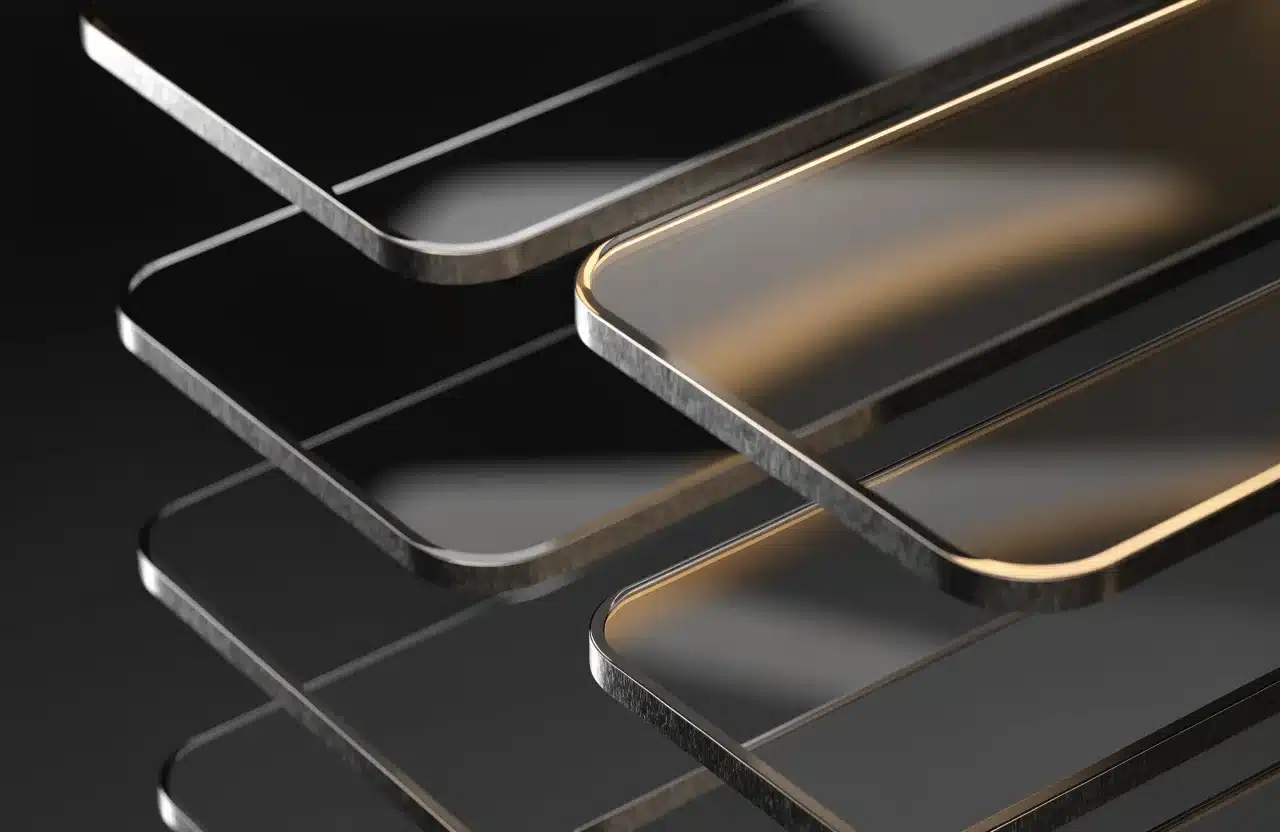 Rendu 3D sombre : panneaux de verre superposés en perspective, cadres métalliques et liseré doré.