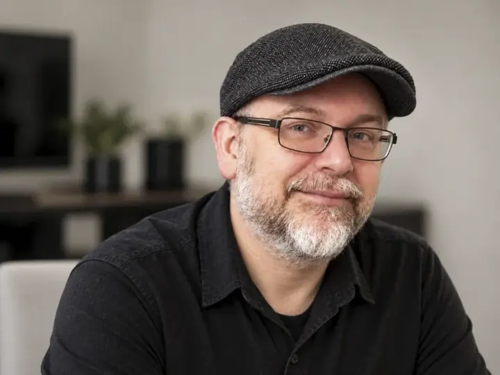 Portrait de David Vigogne, web designer et formateur, souriant, en casquette et lunettes, dans un bureau